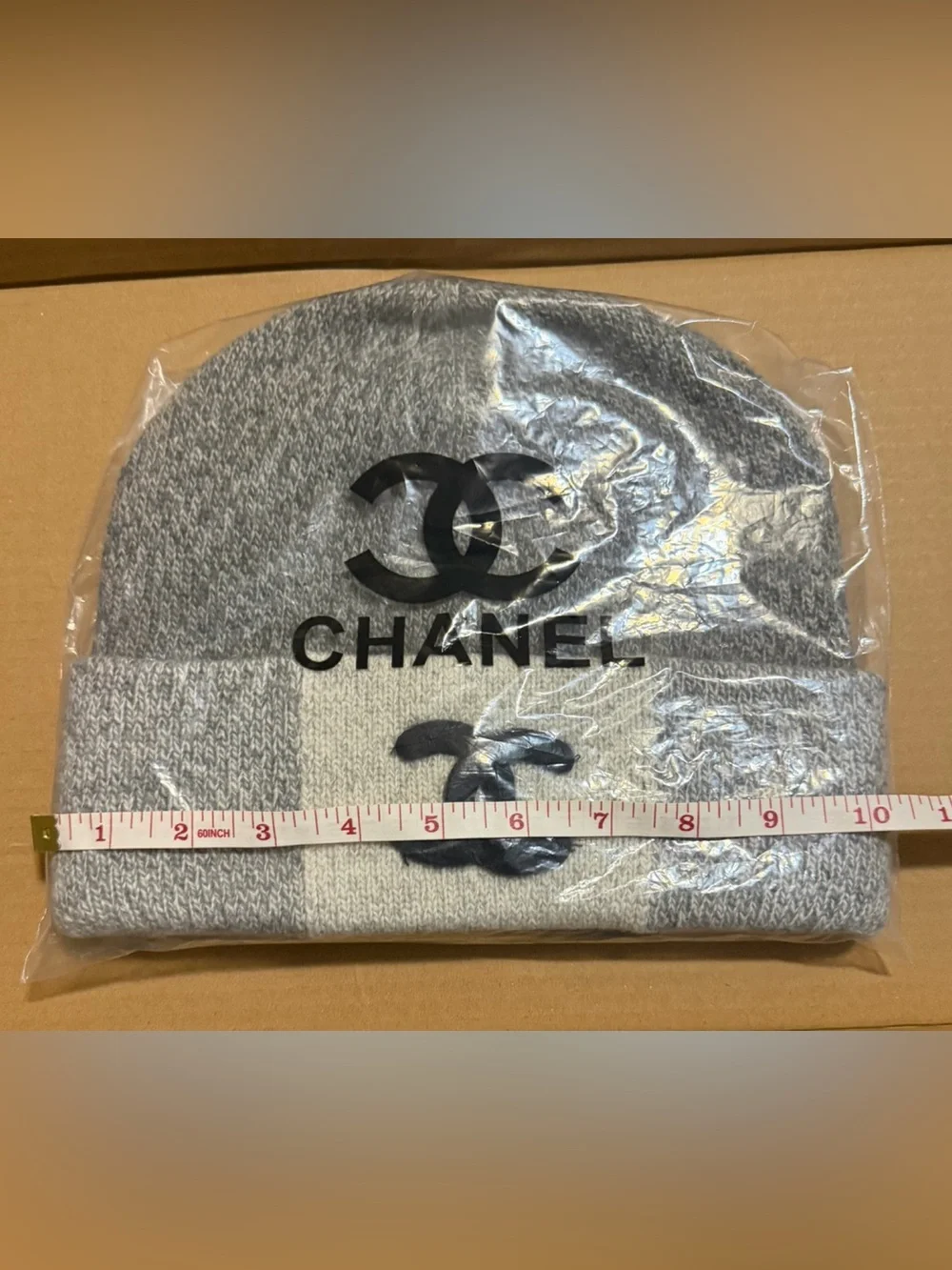 NWT Chanel Casmere and Wool Beenie in shades of greys- signature blac CC label